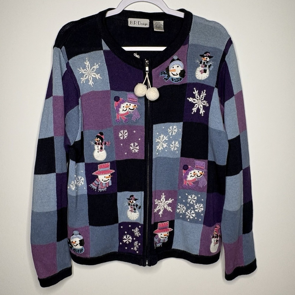 Vtg 90s BP Design Patchwork Snowman Zip Cardigan L Whimsigoth Grandmacore Kitsch